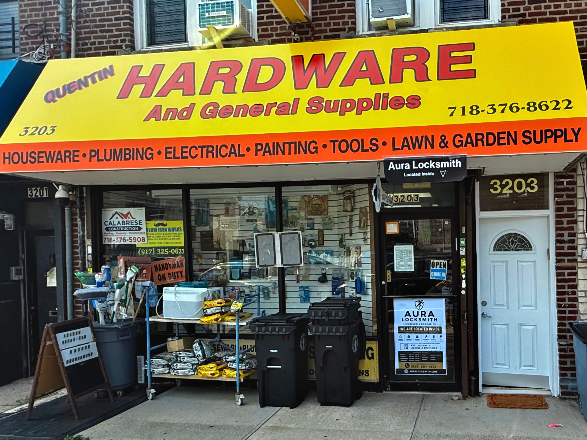 Quentin Hardware-General Supply storefront at 3203 Quentin Rd, Brooklyn — Aura Locksmith located inside